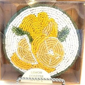 Set of 4 Lovely Handcrafted Beaded 4" Coasters Lemon Design Green Trim New